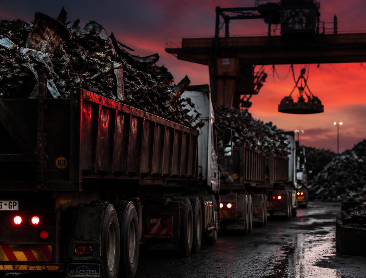 Haulage trucks loaded with ferrous scrap metal at a Southern African scrap yard at dusk