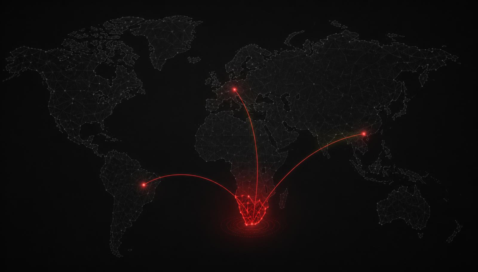 Dark world map showing trade routes from Southern Africa to international markets