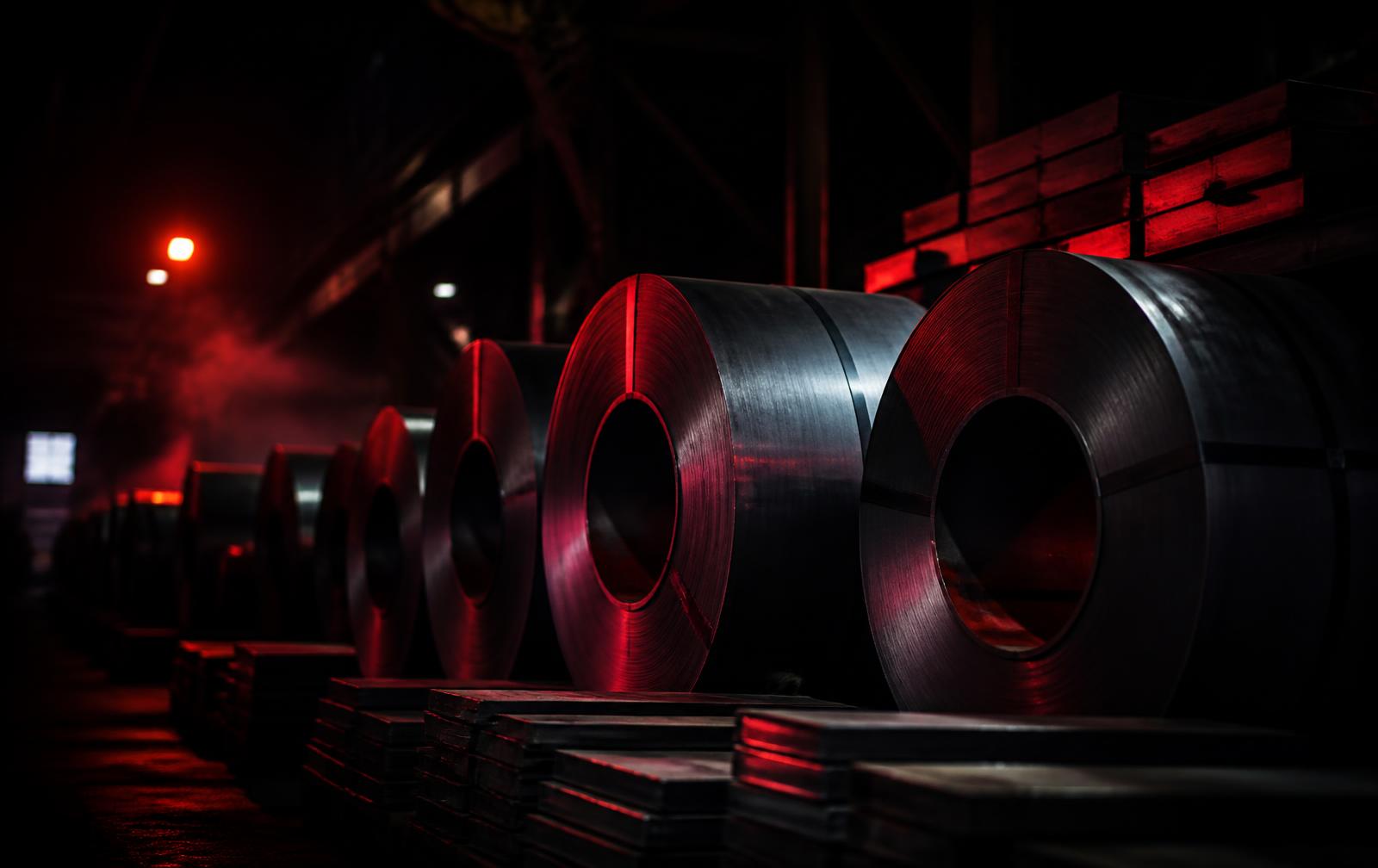 Steel coils stacked in a dark industrial facility under red lighting