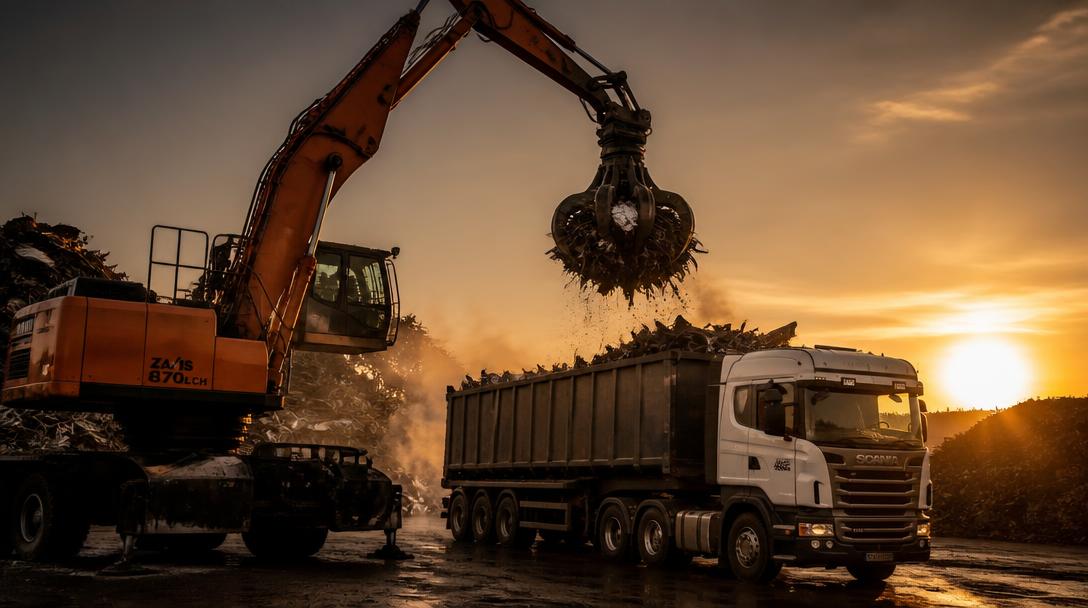 Ferrous scrap logistics — scrap loaded and delivered from source to consumer Material handler grab loading ferrous scrap metal onto a haulage truck in a scrap yard